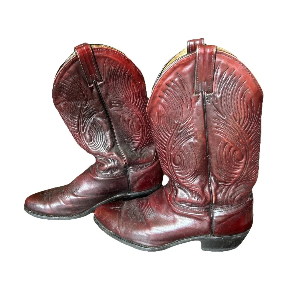 Vintage Chucks Cowboy Boots Black Cherry Burgundy Leather Mens 9.5 Round Toe